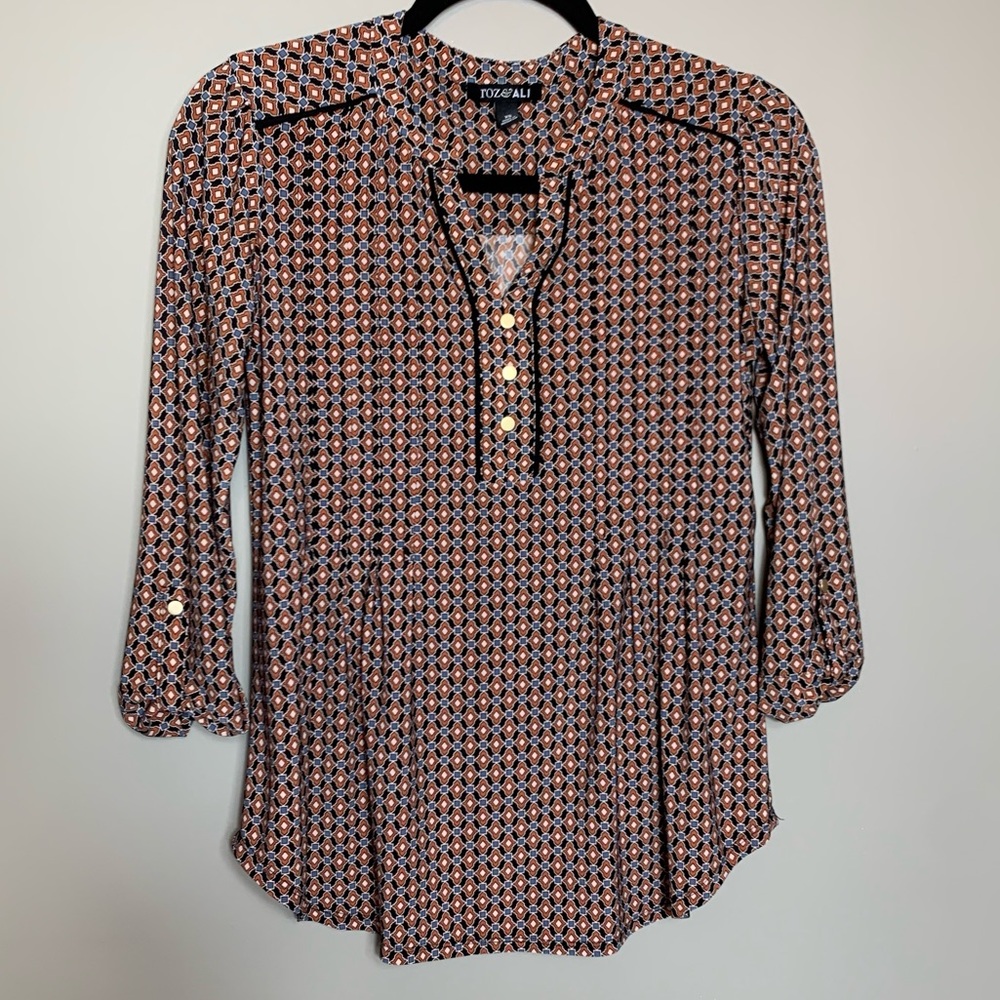 Roz & Ali Half Sleeve Knit Blouse Size XS burnt Orange Three Quarter Tab Sleeve